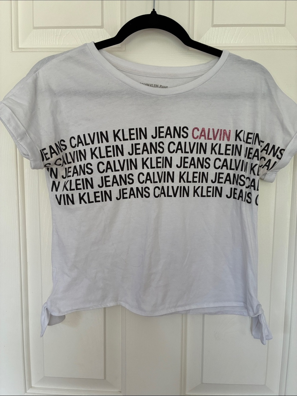 Calvin Klein Jeans Girls T-Shirt Repeat Size Large 12/14 Logo Side-Tie White
